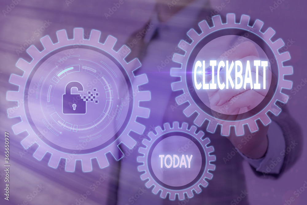 Poster Writing note showing Clickbait. Business concept for the main purpose is to attract attention to a particular web page Graphics padlock for web data information security application system
