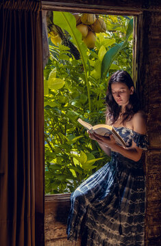 Beautiful young woman sitting by the window in wooden bunglow rustic house and reading a book. Summer exotic vacation