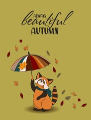 red panda, falling leaves, cozy food, nuts, mushrooms and pumpkin. Scrapbook collection of autumn season elements. Bright set for harvesting. Autumn postcard