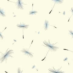 Dandelion flying seeds on a seamless pattern. Background for packaging, design and decoration.