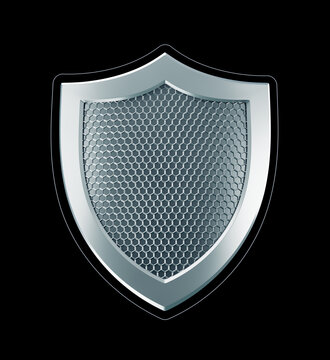 Cybersecurity Shield. Designed in technological style metallic shield isolated on black background. 3D-rendering graphics.