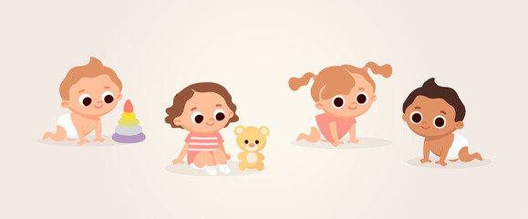 Set of 4 four babies crawling and sitting with teddy bear and happy smiling . International babies playing with toys cartoon characters.