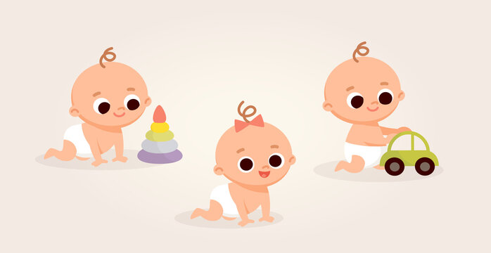 Set of 3 three baby toddlers cartoon characters in various poses. Baby girls and boys with different emotions.