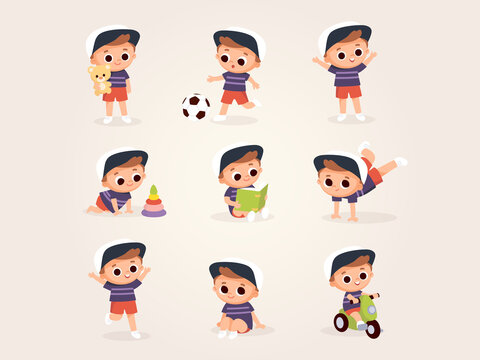 Big set of baby boy, child cartoon characters in various poses. Baby children with different emotions. Cute little kid in different poses.