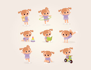 Big set of baby girl characters in different poses. Baby girl child plays with toy, rides bike, reads book, holds bear, crawling around, doing acrobatic. Spin the hula-hoop.