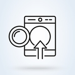 Loading laundry line icon. Open washing machine with arrow sign.