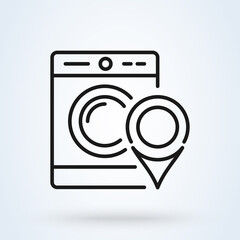 Laundry services location icon. Map pin with washing machine symbol.