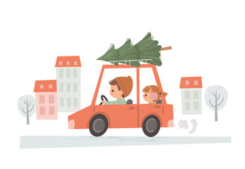 Obraz na płótnie Canvas People in the car with Christmas tree. Father with daughter. Little boy riding a car. Cartoon vehicle.