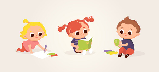 Little cute kids drawing and reading. Art class lessons. Children's activities. Set of kids in various poses.Kids at the art classes.