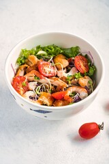 Fresh Salad with shrim , chicken and red tomato flat lay