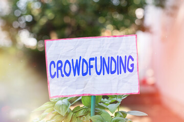 Conceptual hand writing showing Crowdfunding. Concept meaning project by raising a large number of...