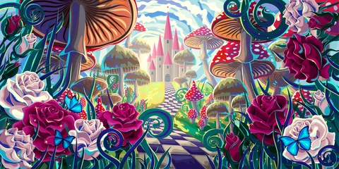  fantastic landscape with mushrooms, beautiful old castle, red and white roses and butterflies. illustration to the fairy tale "Alice in Wonderland" © svetlanasmirnova