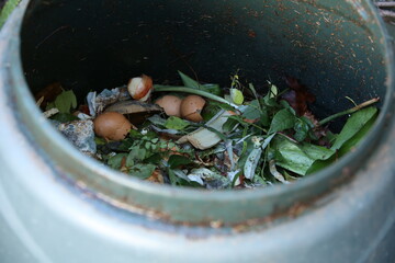 Food waste decomposing inside a composting barrel. This photo has selective focus. 