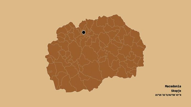 Debar, municipality of Macedonia, with its capital, localized, outlined and zoomed with informative overlays on a solid patterned map in the Stereographic projection. Animation 3D