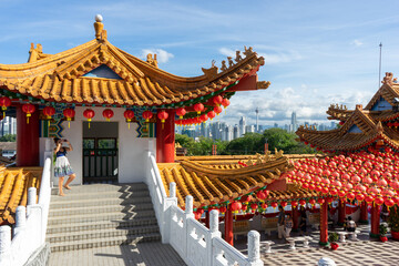 Naklejka premium The beautiful decoration of Red Lantern during Chinese New Year at the temple. The image contains certain grain or noise and soft focus.