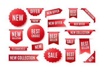 Set of red ribbons, badges and banners with the inscription best choice, new offer. Illustration of sale and prices.