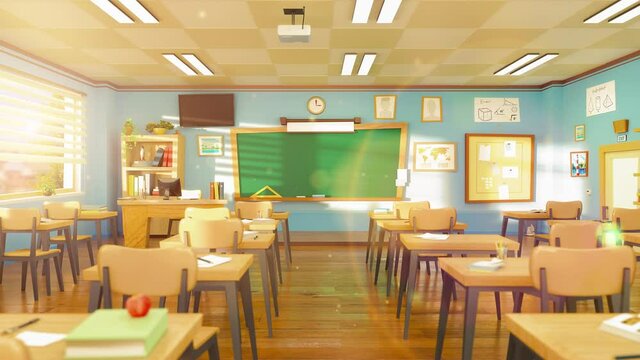 Empty school classroom in cartoon style. Education concept without students. 3d rendering interior video illustration. Back to school design template. Classroom in quarantine on coronavirus COVID-19.