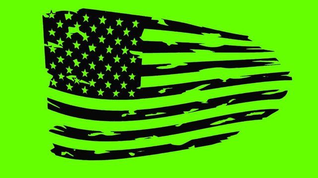 USA flag 2 D animated on green background. Distressed american flag with splash elements, patriot flag, military flag, American Flag Banner.