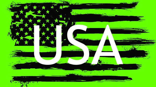 USA flag 2 D animated on green background. Distressed american flag with splash elements, patriot flag, military flag, American Flag Banner.