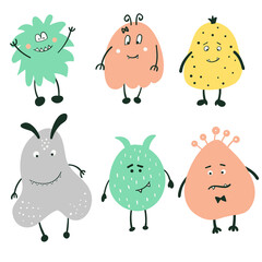 Doodle Set Hand drawn vector illustration of cute funny colourful  smiling monsters. Isolated objects on white background with polka dots. Design concept for children print, fabric,  kids invitation.