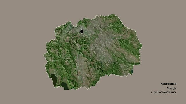 Ilinden, municipality of Macedonia, with its capital, localized, outlined and zoomed with informative overlays on a satellite map in the Stereographic projection. Animation 3D