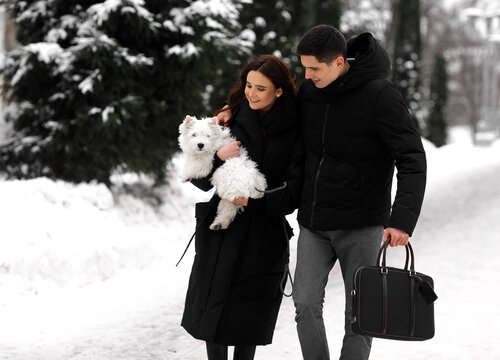 Couple walking with dog outdoor in winter snowy streets. Funny walking with dogs. WESTI HIGHLAND WHITE TERRIER.