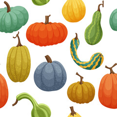 Seamless pattern with cute colorful pumpkins isolated on white background. Thanksgiving and Halloween elements.  Design for decoration, wrapping paper or textile. Vector illustration. 
