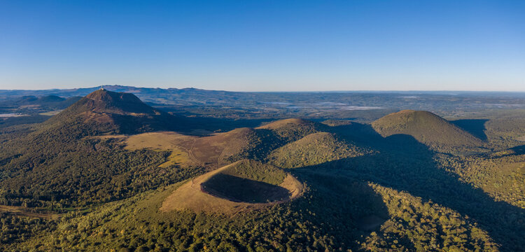 Aerial panorama of Puy Pariou and Puy de Dome volcanoes in France