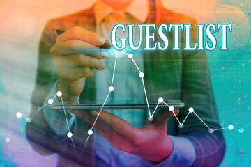 Writing note showing Guestlist. Business concept for list of the individuals invited to a specific...