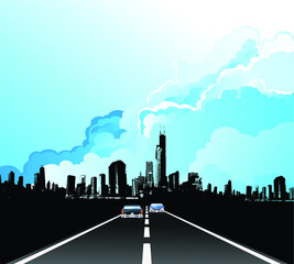 Traffic on roadway leading to generic silhouetted city skyline with blue cloudy sky 