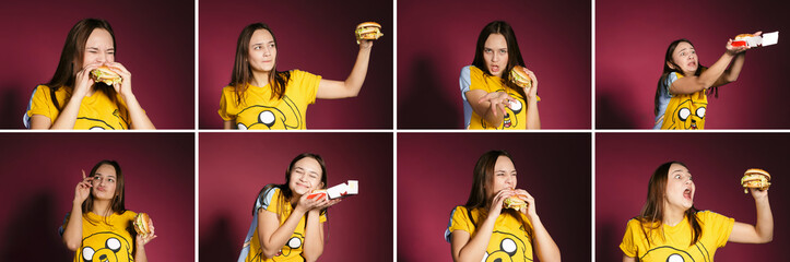 fUNNY COMIC PHOTO OF EATING BURGER GIRL WITH GREAT WISH on pink background. Big true love to burger and fastsood. McDonald's CONCEPT.