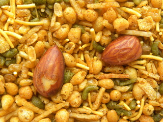 Indian spicy snack Namkeen mixture with fried almonds