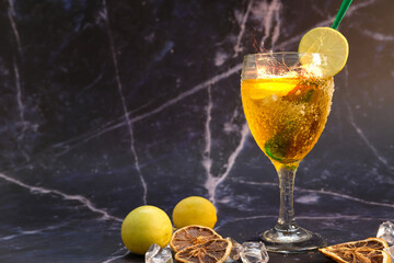 cool drinks and summer alcoholic cocktail on wood table, space for text