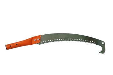 iron saw with red handle on white background