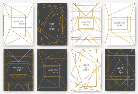 Graphic design for cards, brochures, invitations. Polygonal shapes with gold shimmering. Business identity