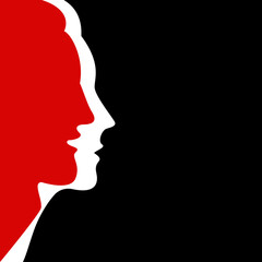 Silhouettes of faces of man and woman together on black background. Red and white colors. Vector illustration.
