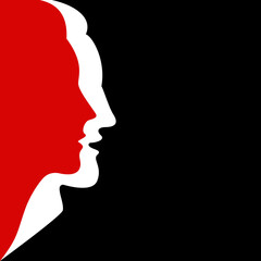 Silhouettes of faces of man and woman together on black background. Red and white colors. Vector illustration.