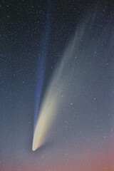 Kometa C/2020 F3 NEOWISE wraz z widocznym warkoczem pyłowym i gazowym na wieczornym niebie z okolic miasta Krakowa - obrazy, fototapety, plakaty