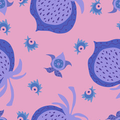 Vector seamless pattern with strange blue berries on pastel pink background