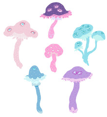 Cute and dreamy pastel colored mushrooms with eyes. Vector illustration set isolated on white background