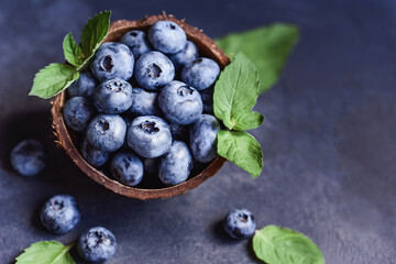 Freshly picked blueberries in coconut bowl on dark background. Healthy organic seasonal fruit background. Berries closeup