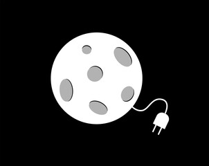 Moon on a black night sky with a plug. Cartoon conceptual style vector illustration.