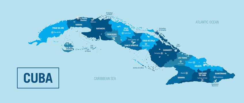 Cuba Island Country political map. Detailed vector illustration with isolated provinces, regions, cities, islands, provinces, states and departments easy to ungroup.