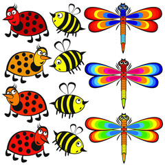 Set of vector drawings beetle, bee and dragonfly isolated on white background.