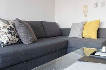 Modern gray long sofa and cushions in the living room