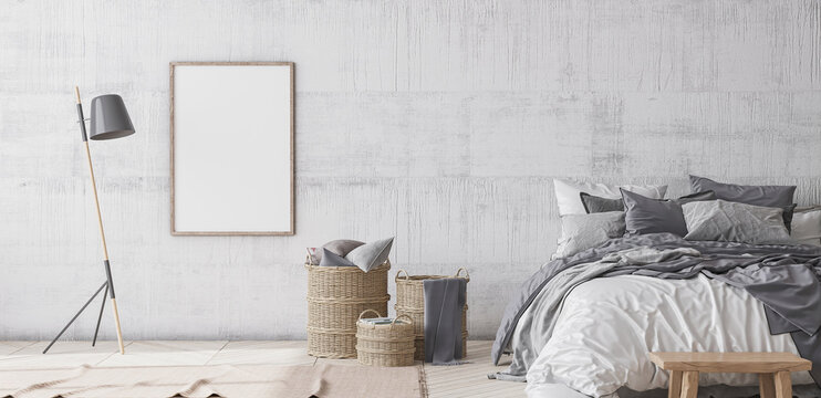 Poster frame mockup for Scandinavian style bedroom, home interior design, 3D render