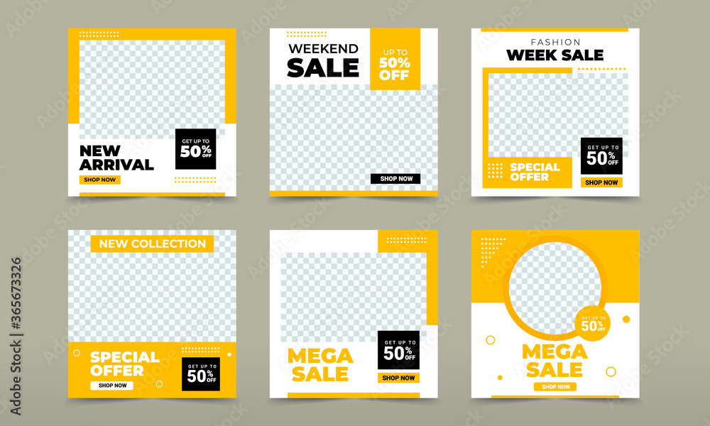 Wall mural set of editable square banner template. black and yellow background color with stripe line shape. su