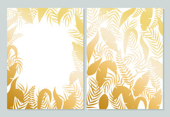 Invitation with gold leaf pattern on white background. Golden leaf texture
