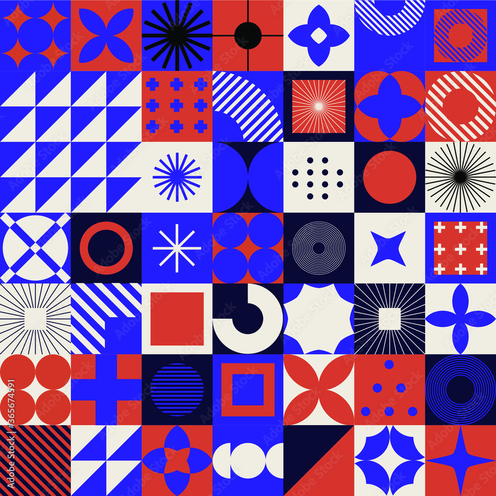 Poster Modern geometric pattern with bold simple shapes in Bauhaus and Neo-memphis retrofuturistic style. Trendy vivid fashion print with minimal composition.