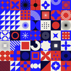 Modern geometric pattern with bold simple shapes in Bauhaus and Neo-memphis retrofuturistic style. Trendy vivid fashion print with minimal composition.